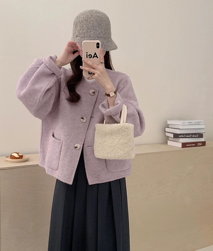 Розово-фиолетовое сиреневое двусторонное кашемировое короткое шерстяное шерстяное пальто, тренд сезона, оверсайз, подходит для подростков