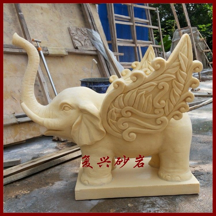 Revival Sandstone Water Jet Small Flying Elephant Fountain Relief Round Carved Landscape Sculpture Glass Fiber Spray Pool Thai Elephant