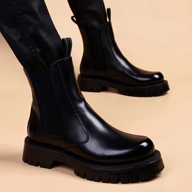 Spring breathable Martin boots Men's Korean version Chelsea boots Men's heightening cigarette boots Inn thick bottom trendy high cylinder leather boots