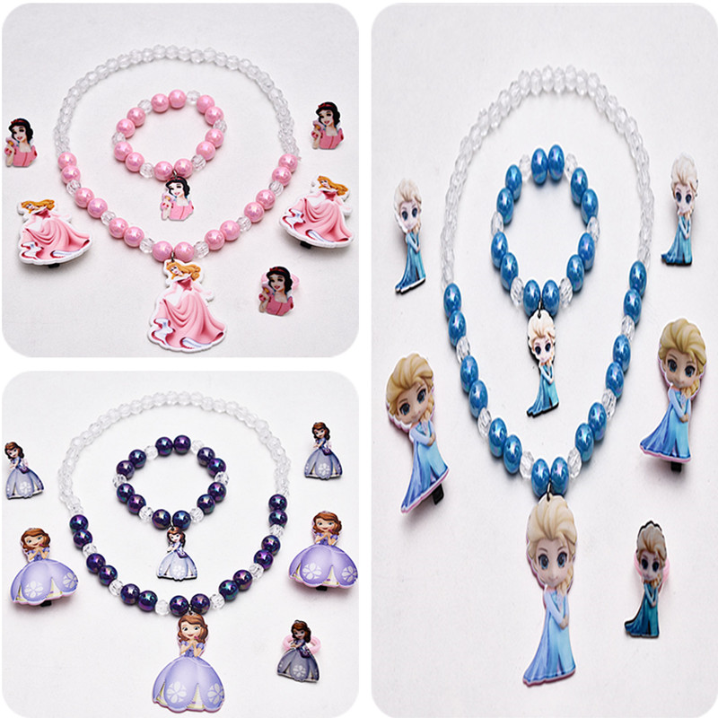 Princess Necklace Set Frozen Love Yarn Queen Sofia Purple Bracelet Ring Ear Clip Children's Jewelry