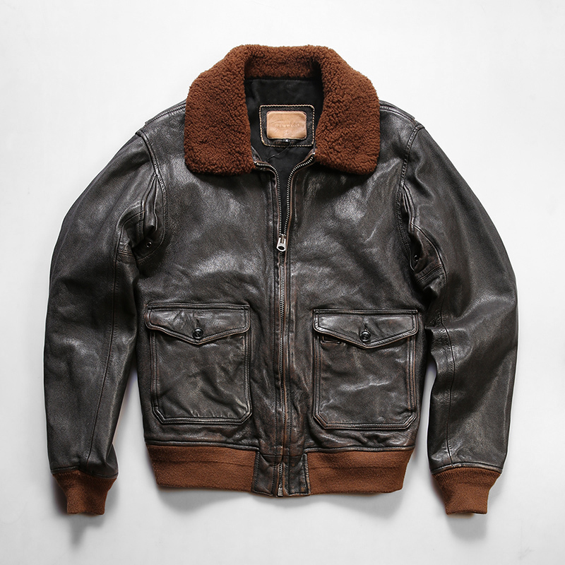 G1 Goatskin Bomber Jacket Men's Lamb Fur Collar Heavy Wash Pleated Flight Suit Retro Distressed Genuine Leather Jacket
