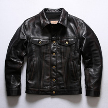 Denim coat 557 oil wax horse skin lapel casual slim short motorcycle leather jacket Tide men leather leather