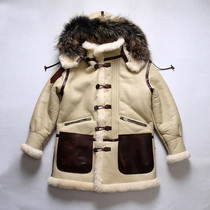 B7 long leather hair integrated polar snow mountain cold fur coat raccoon fur collar American bombing leather men hooded
