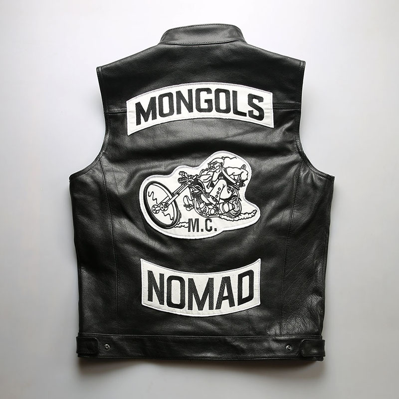 Mongolian Biker Genuine Leather Luminous Work Vest Men's Harley Cowhide Riding Leather Vest Plus Size