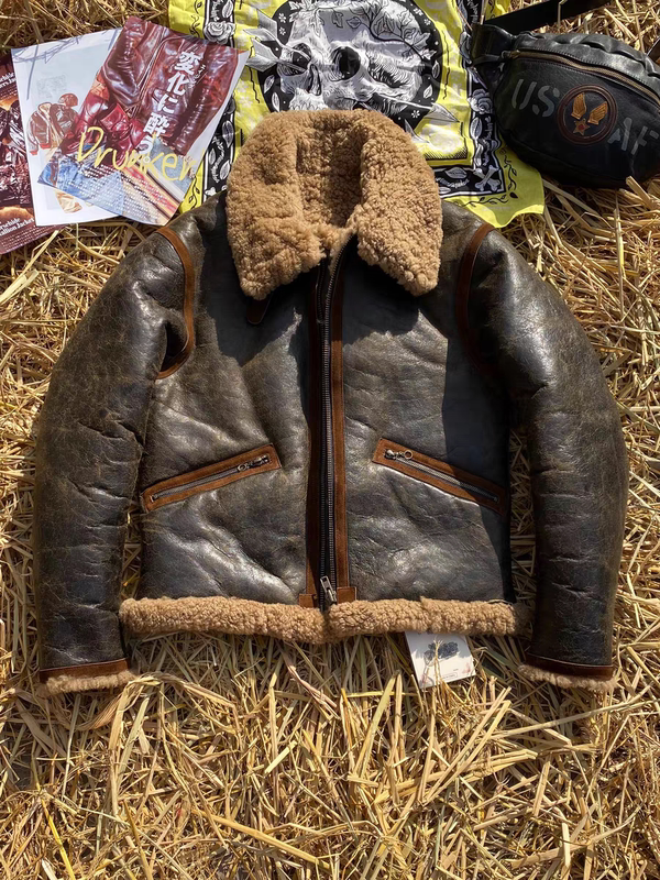 New Vintage Cracked Sheepskin Leather Integrated Men's B6 Flight Suit Genuine Leather Jacket Men's American Style Jacket