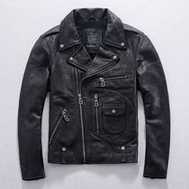 Heavy imported first layer cowhide oblique zipper lapel leather leather jacket mens locomotive clothing short leather jacket tide