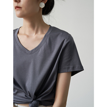 SS STUDIO (cotton mulberry silk regenerating fiber) v collar grey short sleeve T-shirt female summer design feeling small crowdsourced
