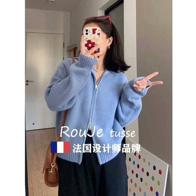 Rouje Tusse Lapel Knitted Cardigan Cashmere Sweater Jacket Women's Autumn and Winter Base Zipper Wool Top Rouje Tusse Lapel Knitted Cardigan Cashmere Sweater Jacket Women's Autumn and Winter Base Zipper Wool Top