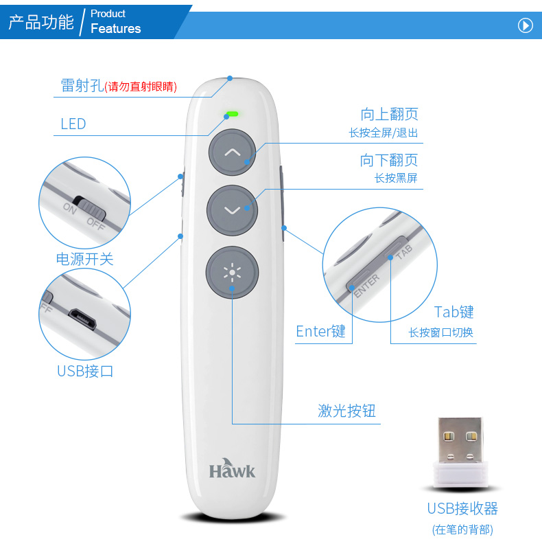 Sạc trang PPT điều khiển từ xa bút giáo viên máy tính trình diễn trình diễn bút máy chiếu với con trỏ điện tử siêu liên kết - USB Aaccessories quạt kẹp