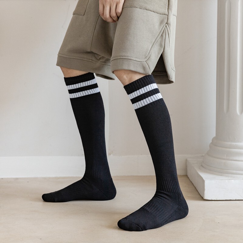 Men's Football Socks, Calf-Length Socks, Black and White, Long Tube, Trendy, Knee-High, Sports, Summer, Towel Bottom, Running, Thin, High Tube, Striped