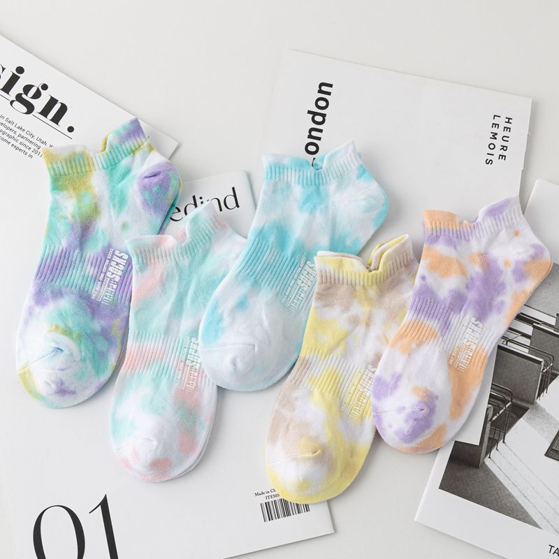 Tie-Dye Socks for Men and Women, Short Socks, Summer Style, Thin Cotton, Trendy Low-Cut, Sweat-Absorbent, Sports No-Show Socks, Shallow Mouth, Breathable, Colorful, Trendy Brand