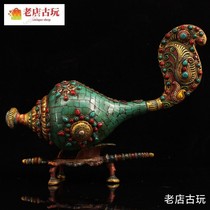 Tibetan monastery collection of old pure copper pure hand built with inlaid jewel colored drawing method