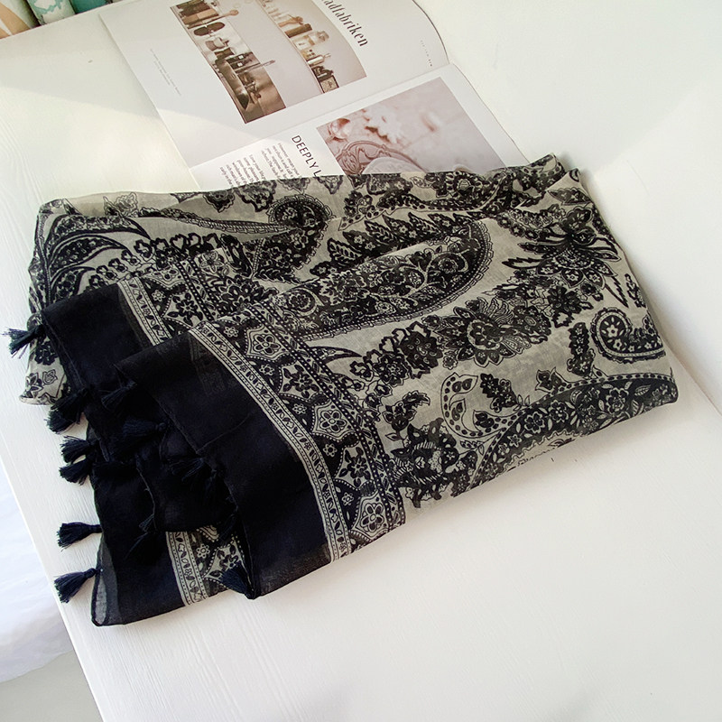 New soft voile cotton and linen feel scarf black blue and white porcelain tassel travel sun protection shawl silk scarf for women