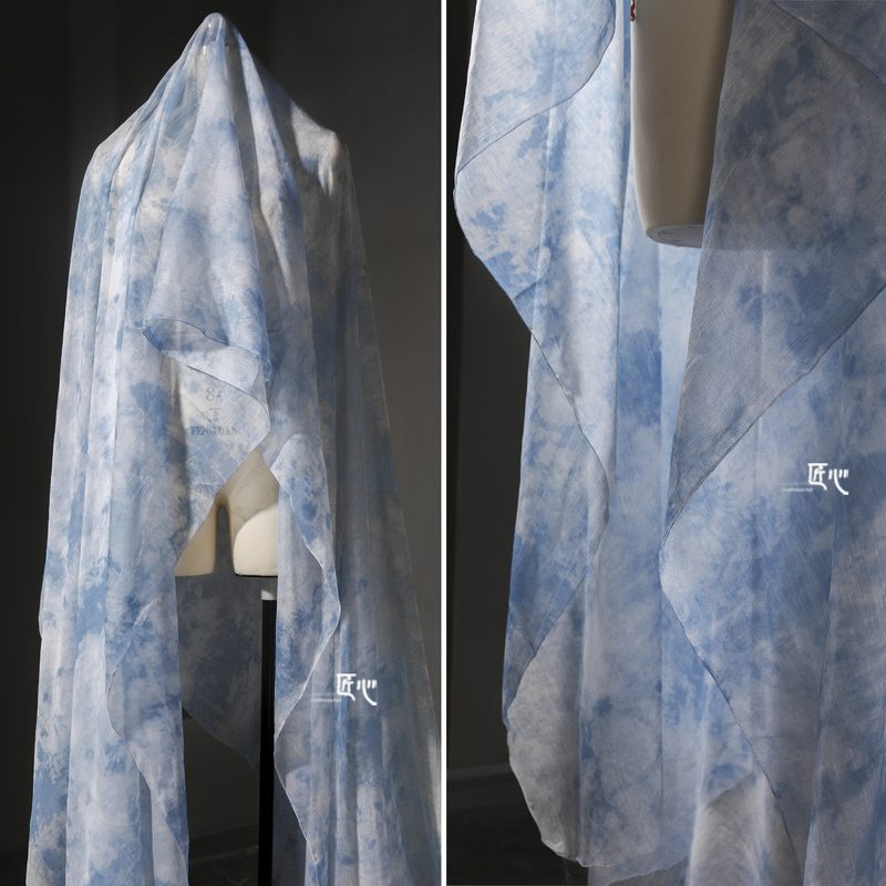 Sky Blue Tie-Dye Chiffon Double-Sided Semi-Sheer Drapey Silky Wide-Leg Pants Skirt Blouse Clothing Designer Fabric