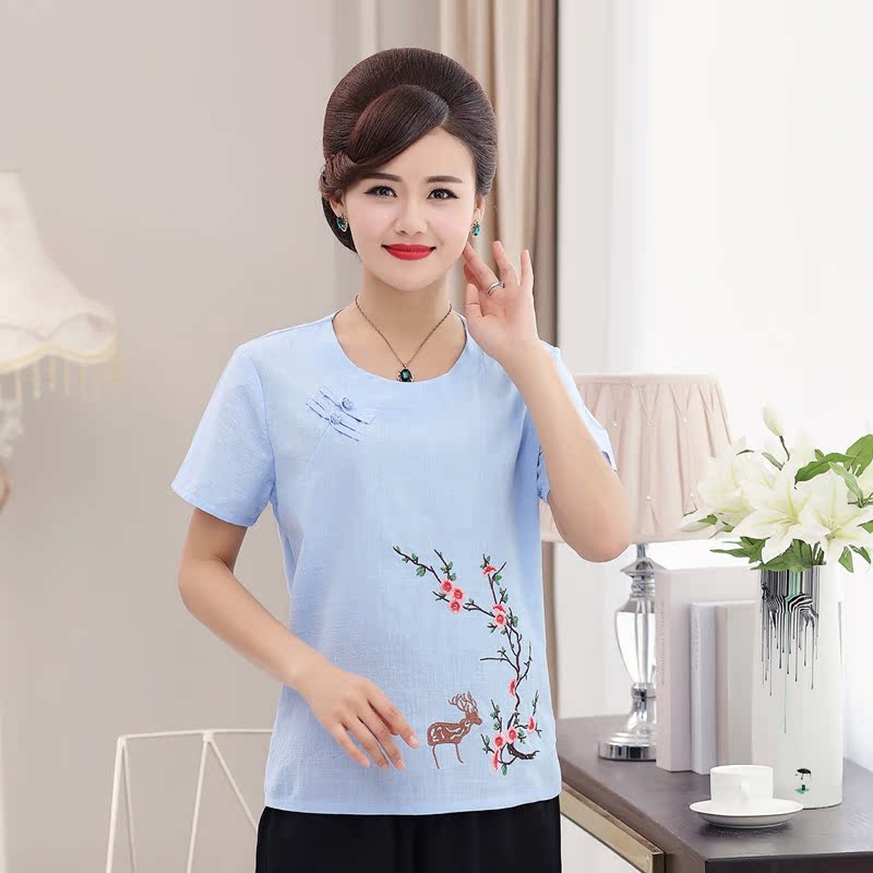 Mẹ cotton t-shirt 40-50 tuổi tuổi trung niên của phụ nữ mùa hè ngắn tay rửa bông thêu gió quốc gia nút khóa áo sơ mi quần áo cho người trung niên