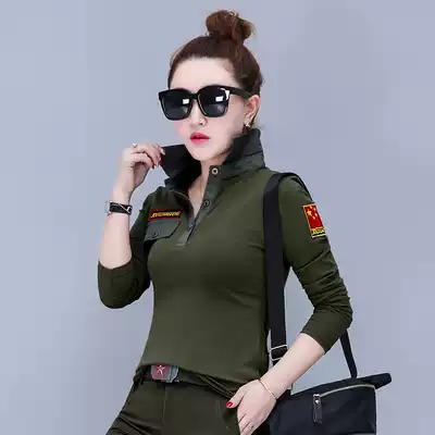 Spring and autumn outdoor military green camouflage shirt suit women handsome military shirt lapel collar long sleeve T-shirt female military fan uniform