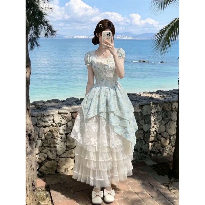 French-Style Gentle Mint Green Cake Dress for Female Students, Forest-Style Irregular Layered Long Skirt French-Style Gentle Mint Green Cake Dress for Female Students, Forest-Style Irregular Layered Long Skirt