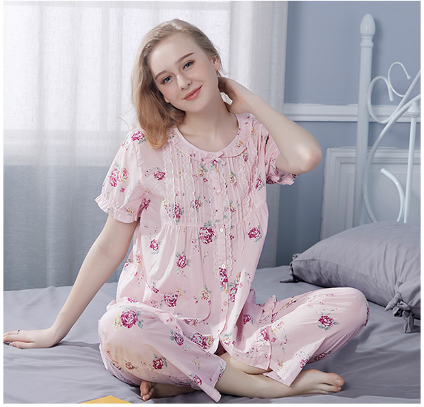 Isfin hè mới đồ ngủ nữ cotton ngắn tay thoải mái và thoáng khí dịch vụ tại nhà hai mảnh 38871 - Bộ Pajama những kiểu đồ bộ may đẹp