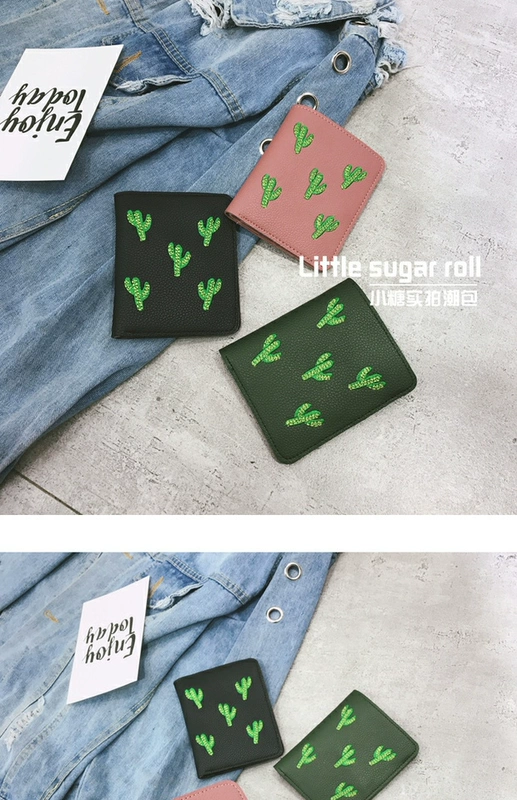 2018 phiên bản tiếng Hàn mới của ví đơn giản nữ ngắn Phần thêu xương rồng gấp ví mềm ví nhỏ phần mỏng