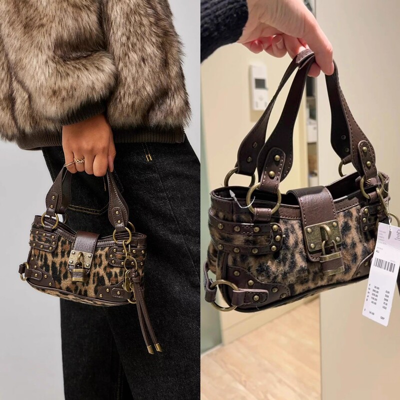 Uo Leopard Print Small Bag 2025 Autumn and Winter New Large-Capacity Studded Retro Plush Motorcycle Mini Crossbody Phone Bag
