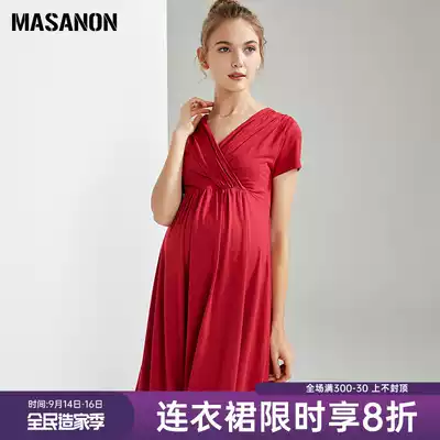 MASANON maternity dress spring and autumn 2021 new V-collar breastfeeding dress high-end modal little man dress