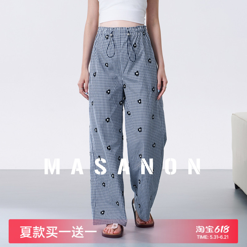 Maternity Pants, Summer Thin Plaid Embroidered Wide-Leg Pants, Belly-Free Pregnancy Long Pants, 2026 New Summer Wear for Outerwear