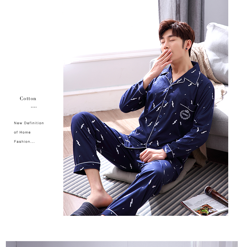 Bộ đồ ngủ nam cotton dài tay mùa xuân và mùa thu phù hợp với kích thước lớn Bộ đồ ngủ nam mùa hè mỏng phần thanh niên cotton lỏng bộ lụa mặc nhà