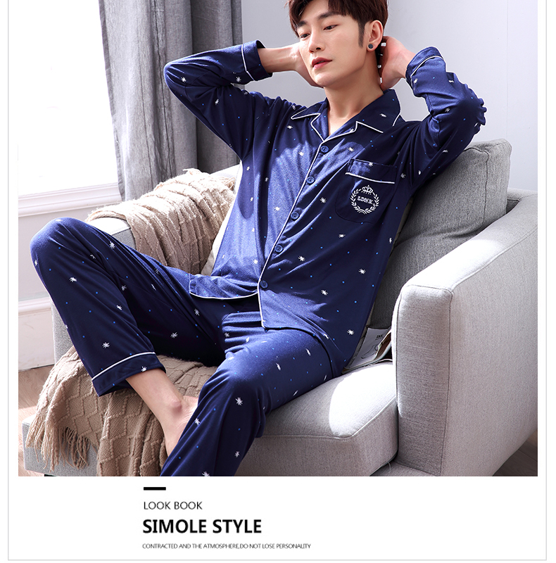 Bộ đồ ngủ nam cotton dài tay mùa xuân và mùa thu phù hợp với kích thước lớn Bộ đồ ngủ nam mùa hè mỏng phần thanh niên cotton lỏng bộ lụa mặc nhà
