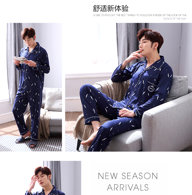 Bộ đồ ngủ nam cotton dài tay mùa xuân và mùa thu phù hợp với kích thước lớn Bộ đồ ngủ nam mùa hè mỏng phần thanh niên cotton lỏng bộ lụa mặc nhà
