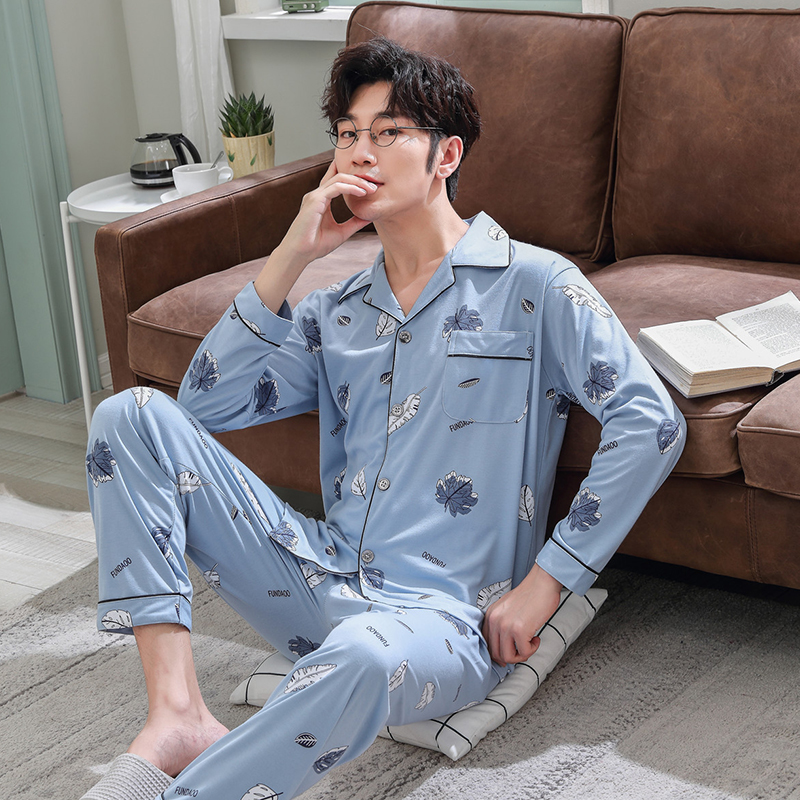 Mens đồ ngủ dài tay áo bông cotton cardigan bộ pajama mỏng bông trung niên bông trẻ nhà quần áo.