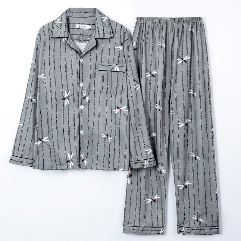 Mens đồ ngủ dài tay áo bông cotton cardigan bộ pajama mỏng bông trung niên bông trẻ nhà quần áo.