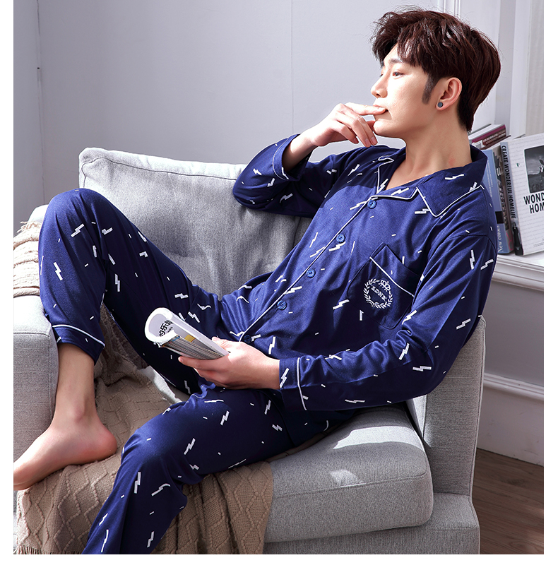 Pyjamas nam mùa xuân và mùa hè mùa dài tay cotton có thể mặc thanh niên cotton kích thước lớn phần mỏng cotton nam giới Hàn Quốc đồ ngủ mùa thu