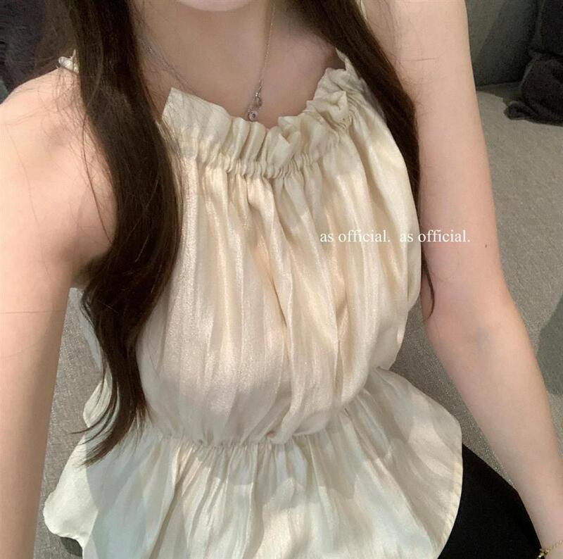 Korean-Style Summer Design, Solid Color, Stylish, Age-Reducing, Sleeveless, Halter Neck, High-Waisted, Waist-Cinching, Fashionable Camisole Shirt for Women