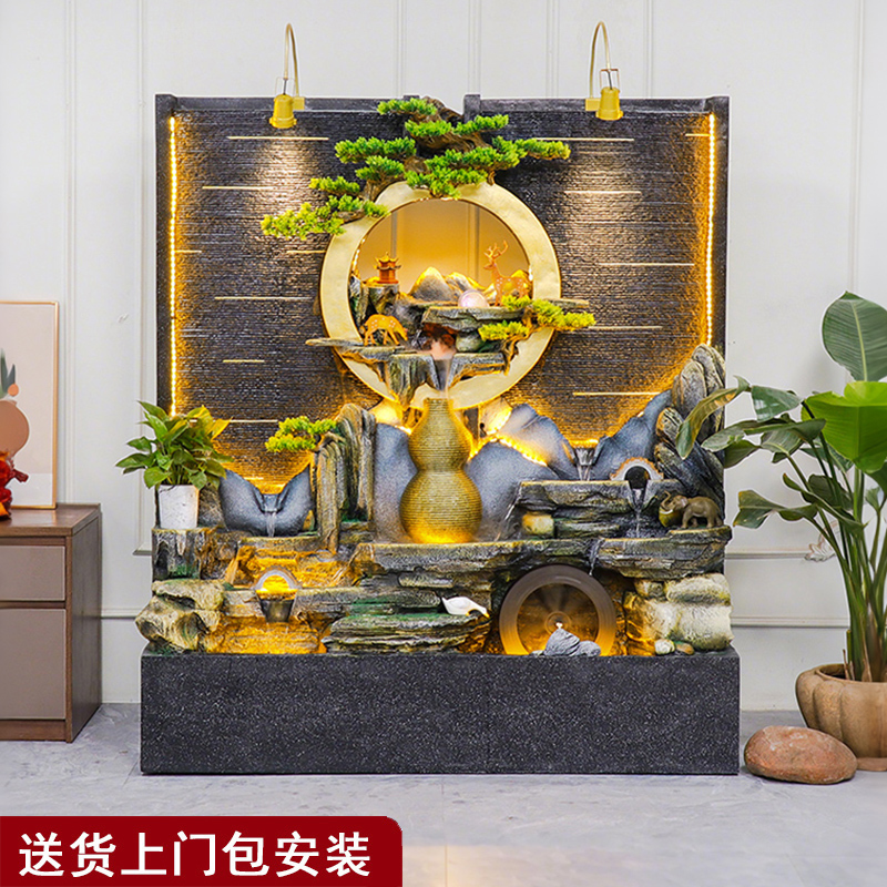 Artificial Rock Waterfall Curtain Wall Water Feature Ornaments Fountain Landscape Housewarming Entrance Shop Foyer Feng Shui Wheel Floor Decoration