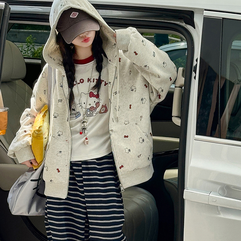 Girls' Jacket Spring and Autumn Style, Large Children's Casual Hooded Baseball Jacket Top, Girls' Autumn Kt Cat Cardigan Sweatshirt