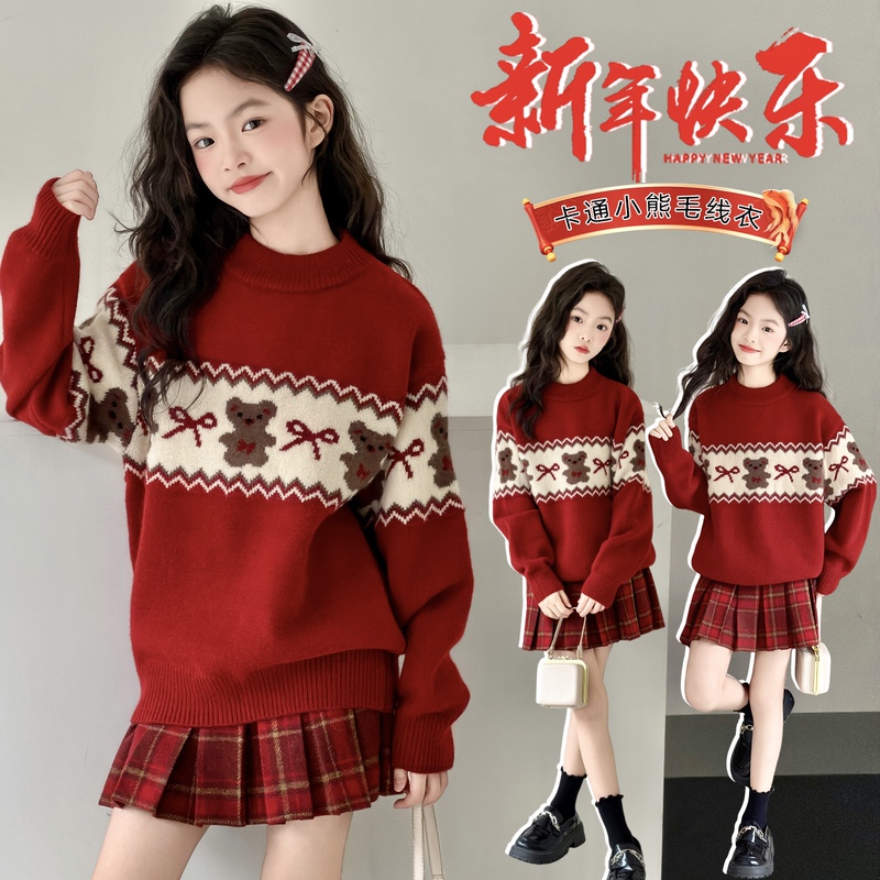 Girls' Red Sweater, Spring and Autumn 2026 New Style, Big Girl Christmas and New Year Knitwear, Children's Thickened Top