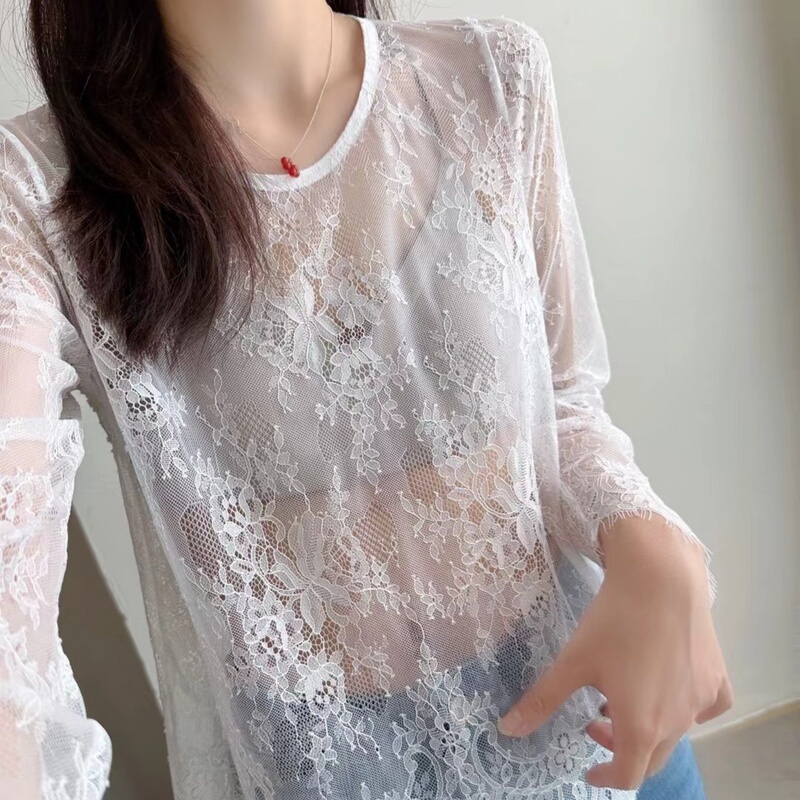 Round Neck Long-Sleeved Lace Shirt for Women 2026 Autumn White Hollow See-Through Base Shirt Sexy Layered Top
