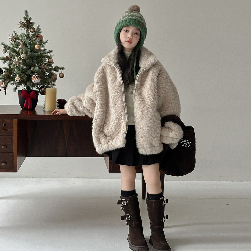 Girls' Teddy Bear Fur Coat, New Winter Style, Thickened and Warm, Hooded Zipper Cardigan, Winter Fur