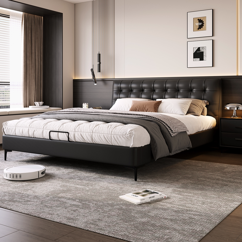 Genuine Leather Bed Lawrence Bed Thin Headboard 1.35 Storage 2.2m Master Bedroom Double Bed Floating Soft-Up Black Large Bed