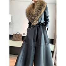  European and American style leather down jacket womens long jacket slim 2021 new sheepskin raccoon fur collar fur coat