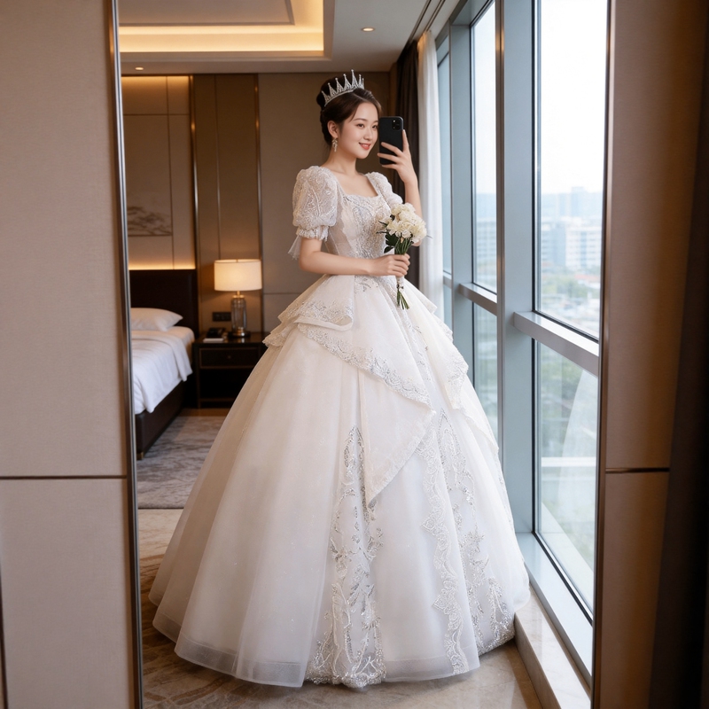 Plus-Size Wedding Dress for Chubby Women, High-End Light Wedding Dress, Stunning Maternity Wedding Dress, High-Waisted, Covers Belly and Arms