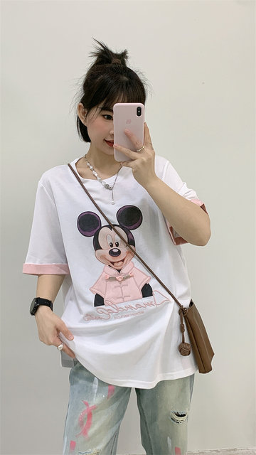 Transformation Diary 7136 Xia Xin plus size women's fat MM 200 pounds Mickey national style patch embroidered T-shirt small shirt