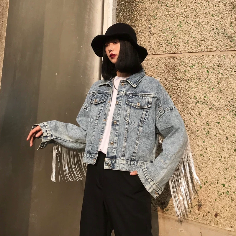 Áo khoác denim đính sequin nữ mùa xuân và mùa thu ngắn phần Châu Âu thời trang cá tính áo khoác denim nước ngoài - Áo khoác ngắn