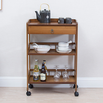 High-end mobile push tool cart solid wood kitchen shelf three-layer pulley storage debris hot pot restaurant rack