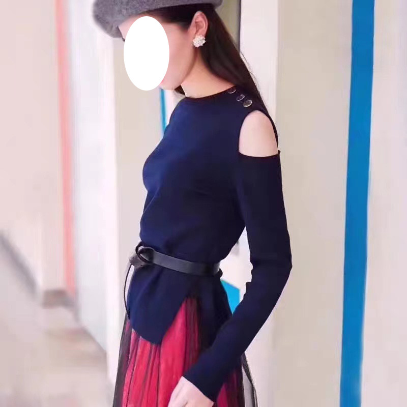 特价春秋露肩长袖针织衫女设计感小众显瘦内搭打底上衣肩膀纽扣
