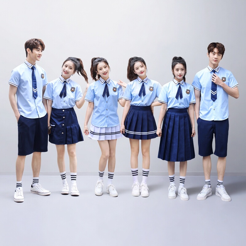 College-Style Performance Outfit Set, Summer Graduation Class Uniform, Navy Collar Blue Shirt, Junior High School Recitation, Choir, Sports Meeting