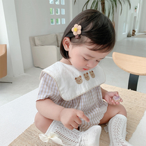 2021 new baby Summer cartoon bear male and female baby short sleeve ha clothing cotton plaid one-piece clothes Climbing thin