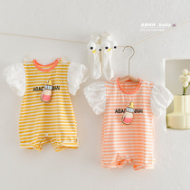 New female baby short sleeve one-piece clothes cute bottle stripe Bubble Cuff Khaclothes Short Climbing Clothes Baby Clothes Summer Clothes