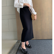 Pumen XUS 100 pure wool high waist knitted side slit autumn and winter solid color versatile skirt women