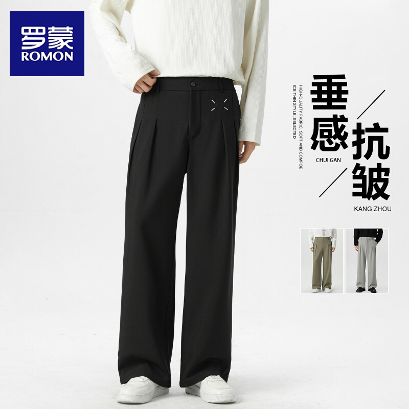 Romon Drapey Dress Pants for Men, 2026 Spring/Summer, High-End Straight-Leg Loose Fit, Margiela Black Formal Trousers